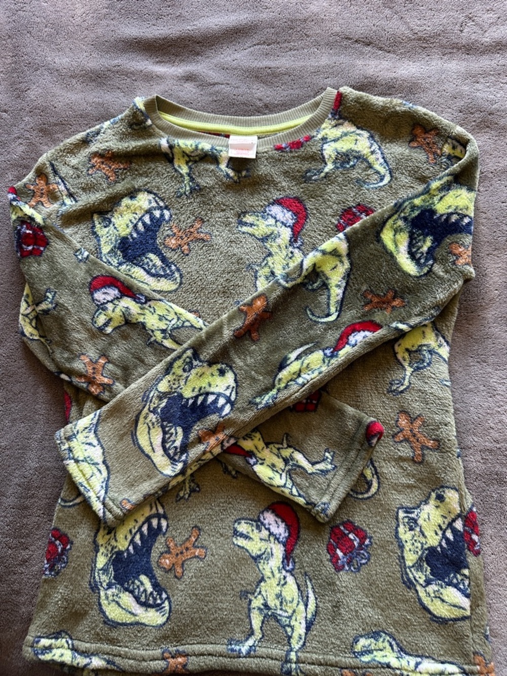 Cat & Jack Olive Green Dino Fleece Hoodie Top with Red Accents